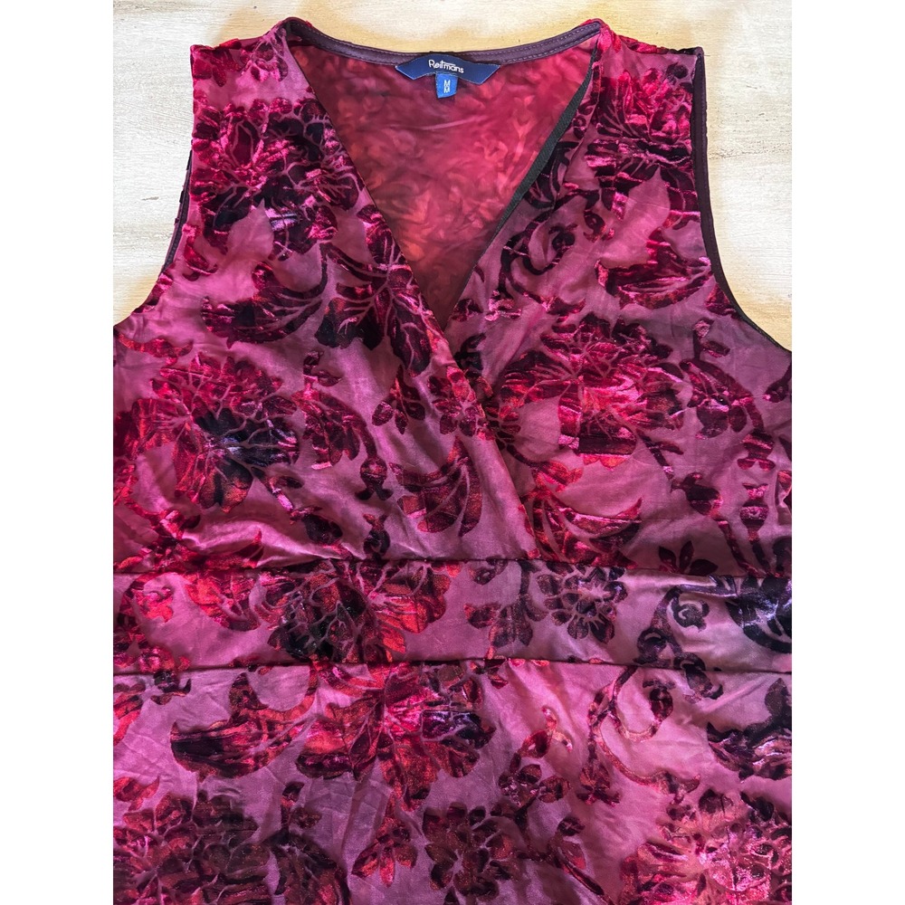 Y2K Reitmans top women M burgundy velvet burnout floral sharkbite hem v-neck - Picture 3 of 9